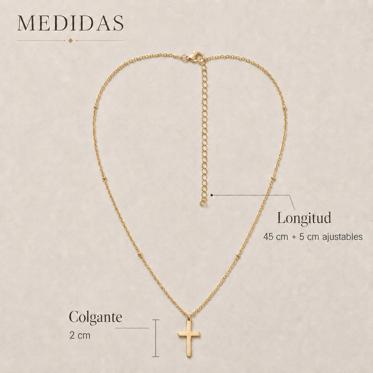 Medidas del Collar Cruz de Fe: cadena 45 cm + 5 cm ajustables, cruz 2 cm